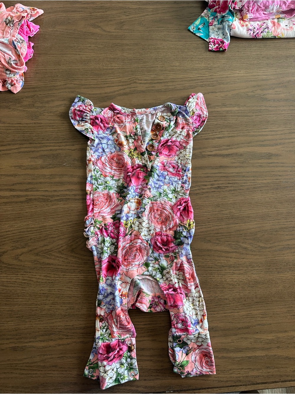Posh Peanut Pink Floral Girls' Romper with Flutter Sleeves